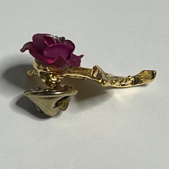 VTG "A Christmas Rose" Lapel Hat Pin Gold Tone w/Rhinestone Hope Love 1.25" - Picture 5 of 12
